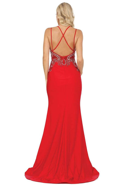 Dancing Queen - 4050 Jewel Ornate Plunging Bodice High Slit Gown Evening Dresses