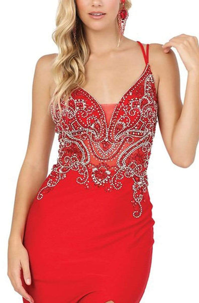 Dancing Queen - 4050 Jewel Ornate Plunging Bodice High Slit Gown Evening Dresses