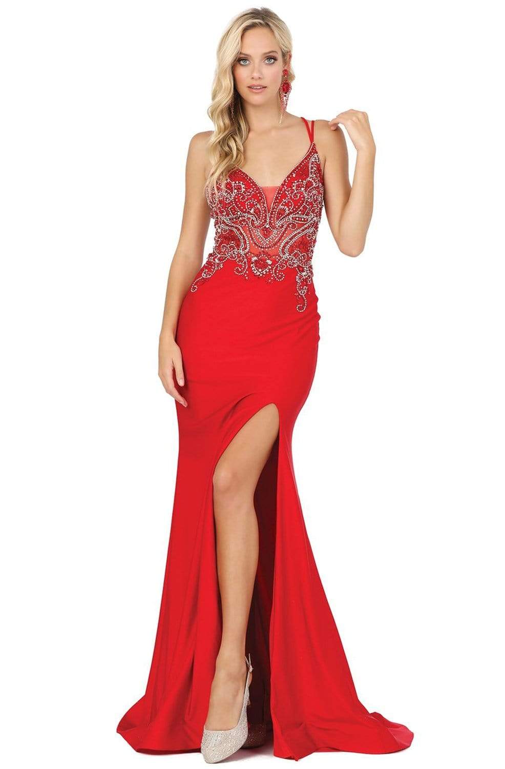 Dancing Queen - 4050 Jewel Ornate Plunging Bodice High Slit Gown Evening Dresses XS / Red