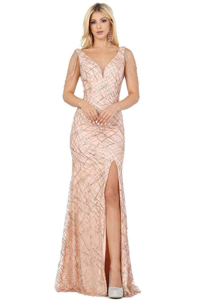 Dancing Queen - 4063 Bead Garlanded High Slit Glitter Gown Prom Dresses XS / Rose Gold