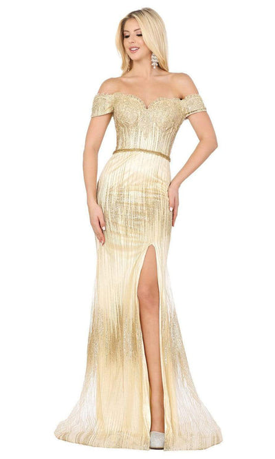 Dancing Queen - 4071 Gltter Print Off-Shoulder Mermaid Gown with Slit - 1 pc Gold In Size XS Available CCSALE XS / Gold