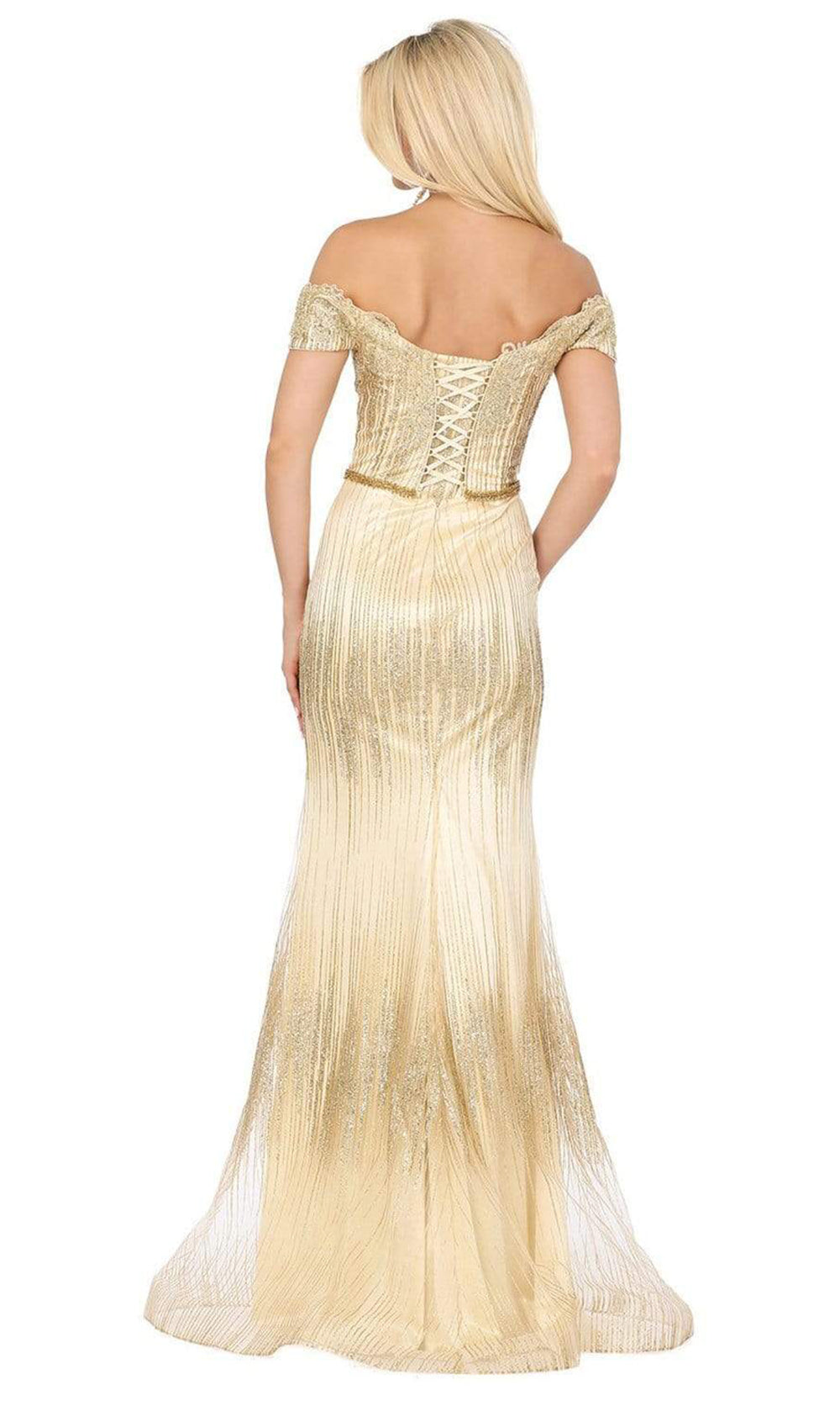 Dancing Queen - 4071 Gltter Print Off-Shoulder Mermaid Gown with Slit - 1 pc Gold In Size XS Available CCSALE XS / Gold