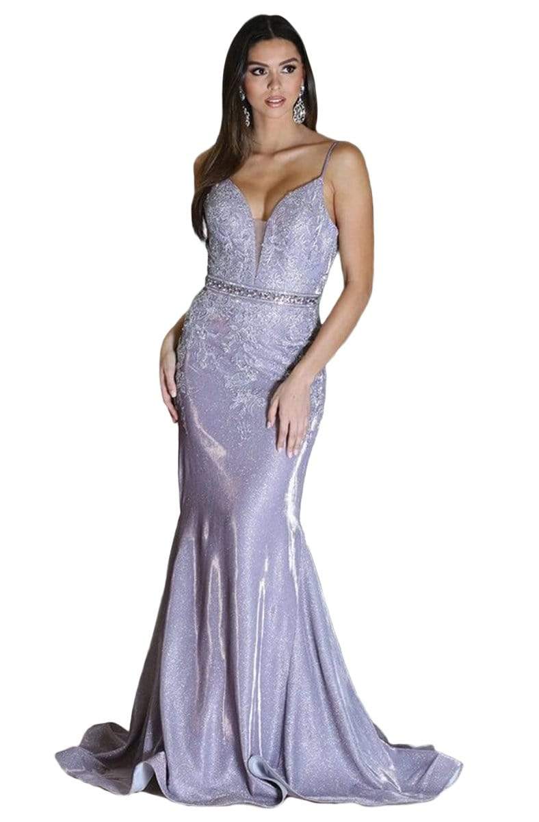 Dancing Queen - 4081 Floral Appliqued Glitter Metallic Gown Evening Dresses XS / Lilac