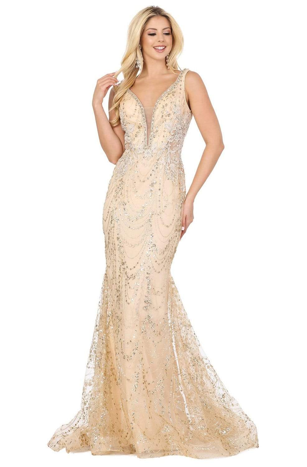 Dancing Queen - 4090 Jeweled Garland Motif Mermaid Gown Pageant Dresses XS / Champagne