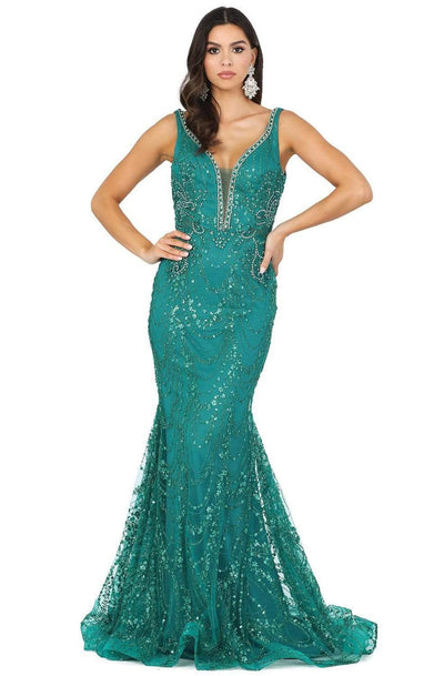 Dancing Queen - 4090 Jeweled Garland Motif Mermaid Gown Pageant Dresses XS / Hunter Green