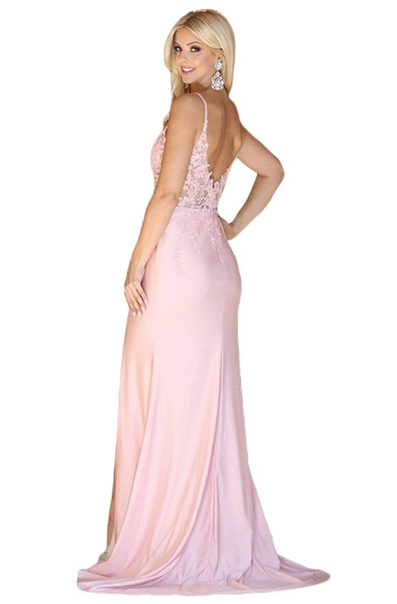 Dancing Queen - 4091 Appliqued Plunging Prom Dress with Slit Prom Dresses