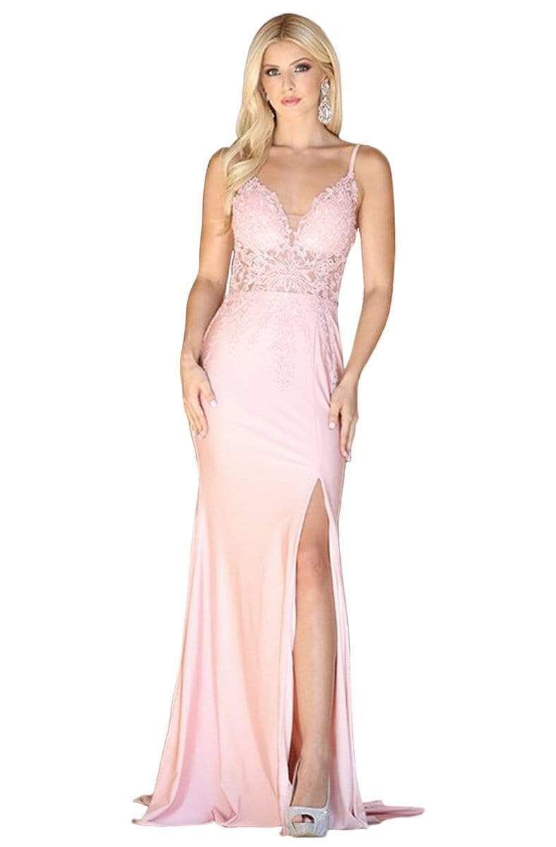 Dancing Queen - 4091 Appliqued Plunging Prom Dress with Slit Prom Dresses XS / Blush