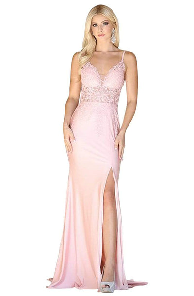 Dancing Queen - 4091 Appliqued Plunging Prom Dress with Slit Prom Dresses XS / Blush