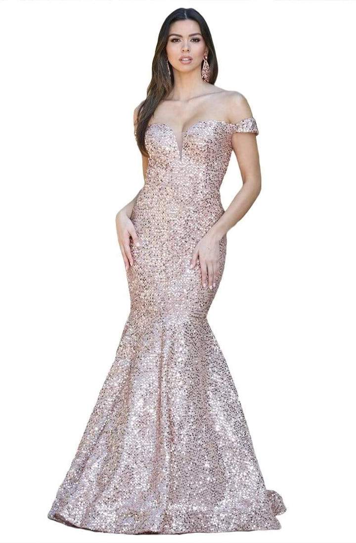 Dancing Queen - 4095SC Sequined Off-Shoulder Prom Dress In Pink