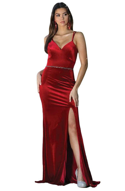Dancing Queen - 4102 Jeweled Waist Velvet High Slit Dress Evening Dresses XS / Burgundy
