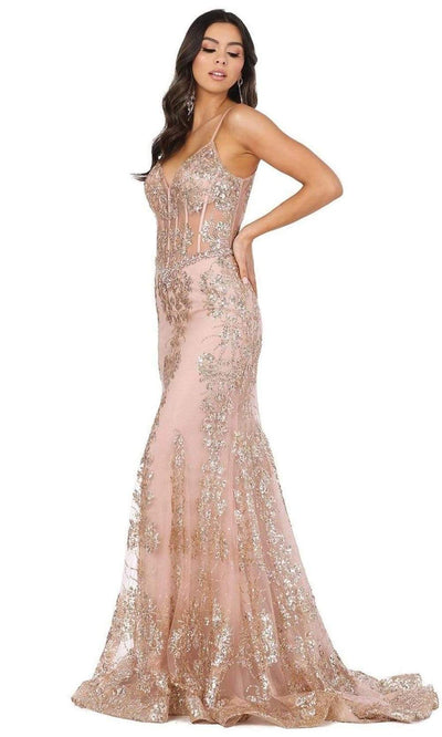 Dancing Queen - 4118 Sheer Corset Bodice Embellished Mermaid Prom Gown Prom Dresses XS / Rose Gold