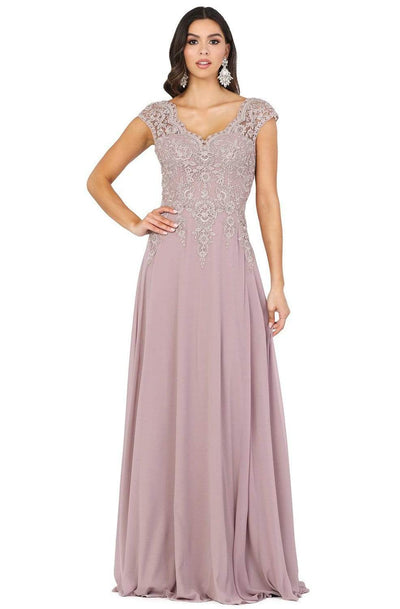 Dancing Queen - 4122 Sheer Cap Sleeve Floral Lace Bodice Dress Mother of the Bride Dresses XS / Mocha