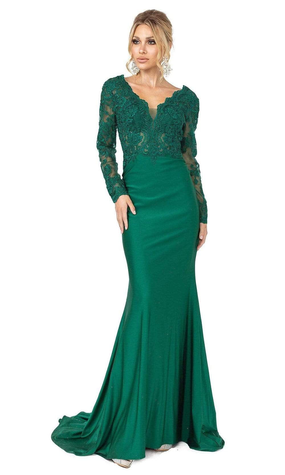 Dancing Queen - Scallop-Trimmed Long Sleeve Gown 4124SC In Green