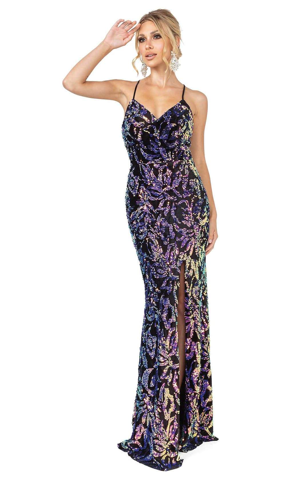 Dancing Queen - 4135 V Neck Sequined Evening Dress Evening Dresses XS / Black/Multi