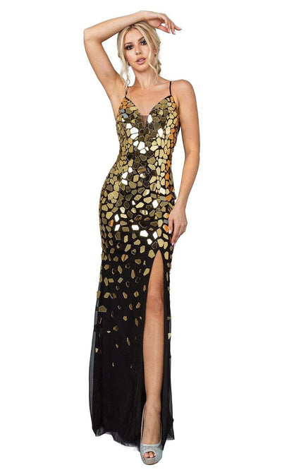 Dancing Queen - Glass Ornate High Slit Gown 4152SC In Black