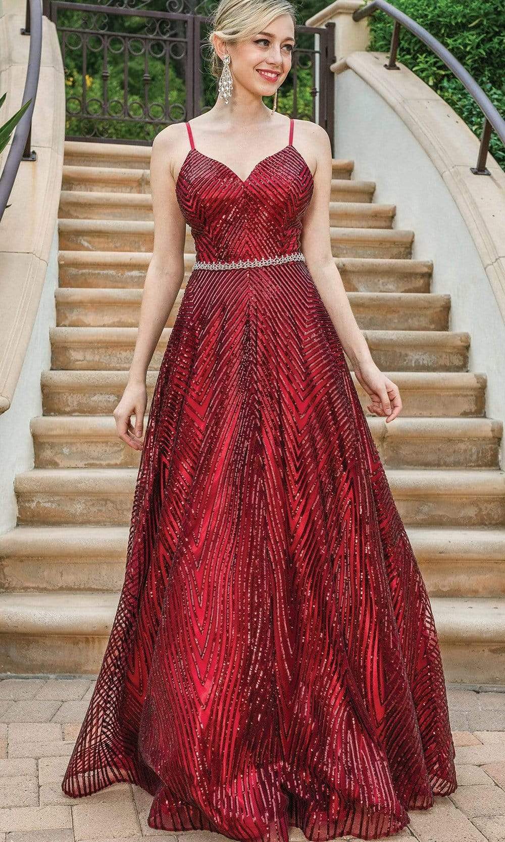 Dancing Queen - Spaghetti Strap Stripe Beaded Dress 4197SC In Red