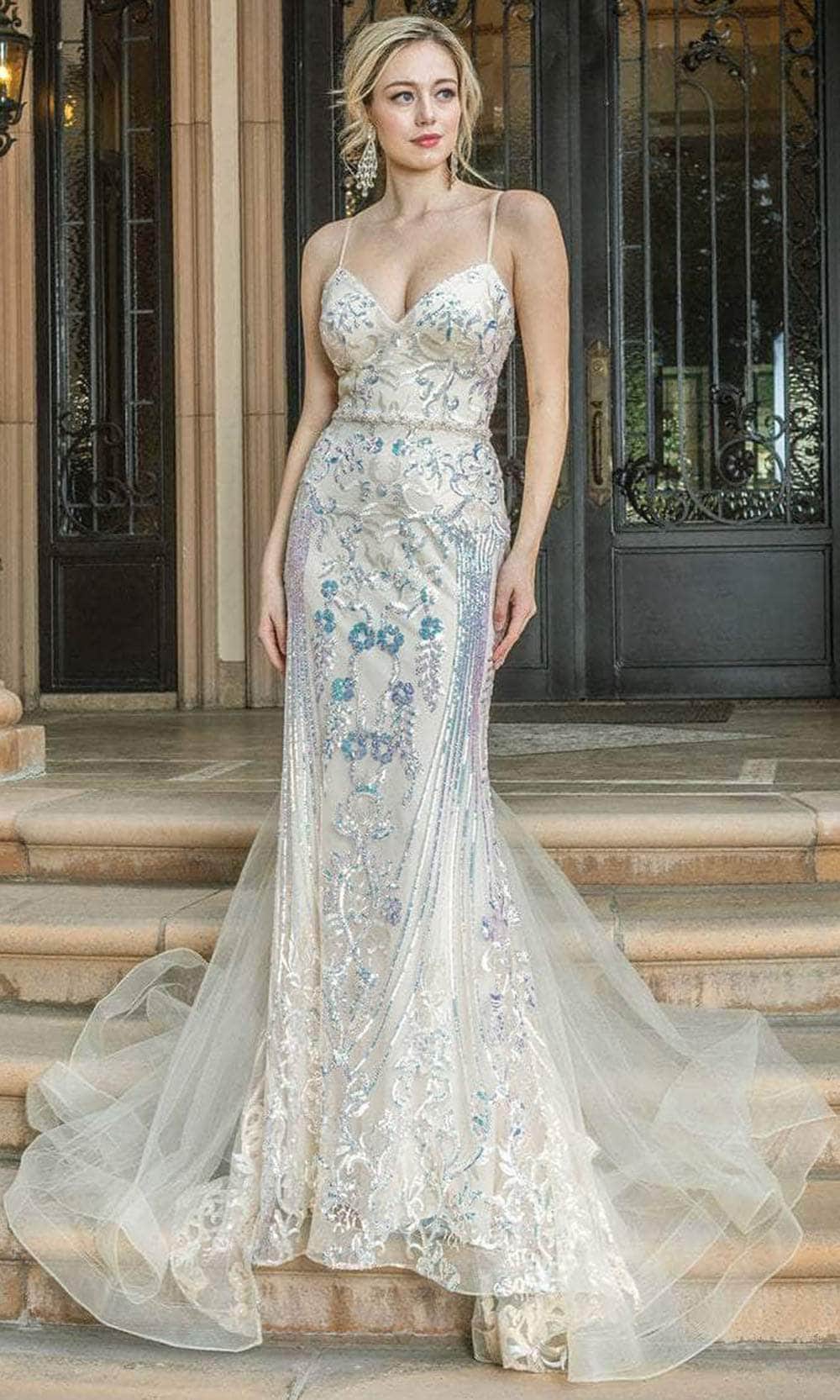 Dancing Queen 4220 - Embroidered Sleeveless Deep V-neckline Prom Dress Special Occasion Dress XS / Champagne