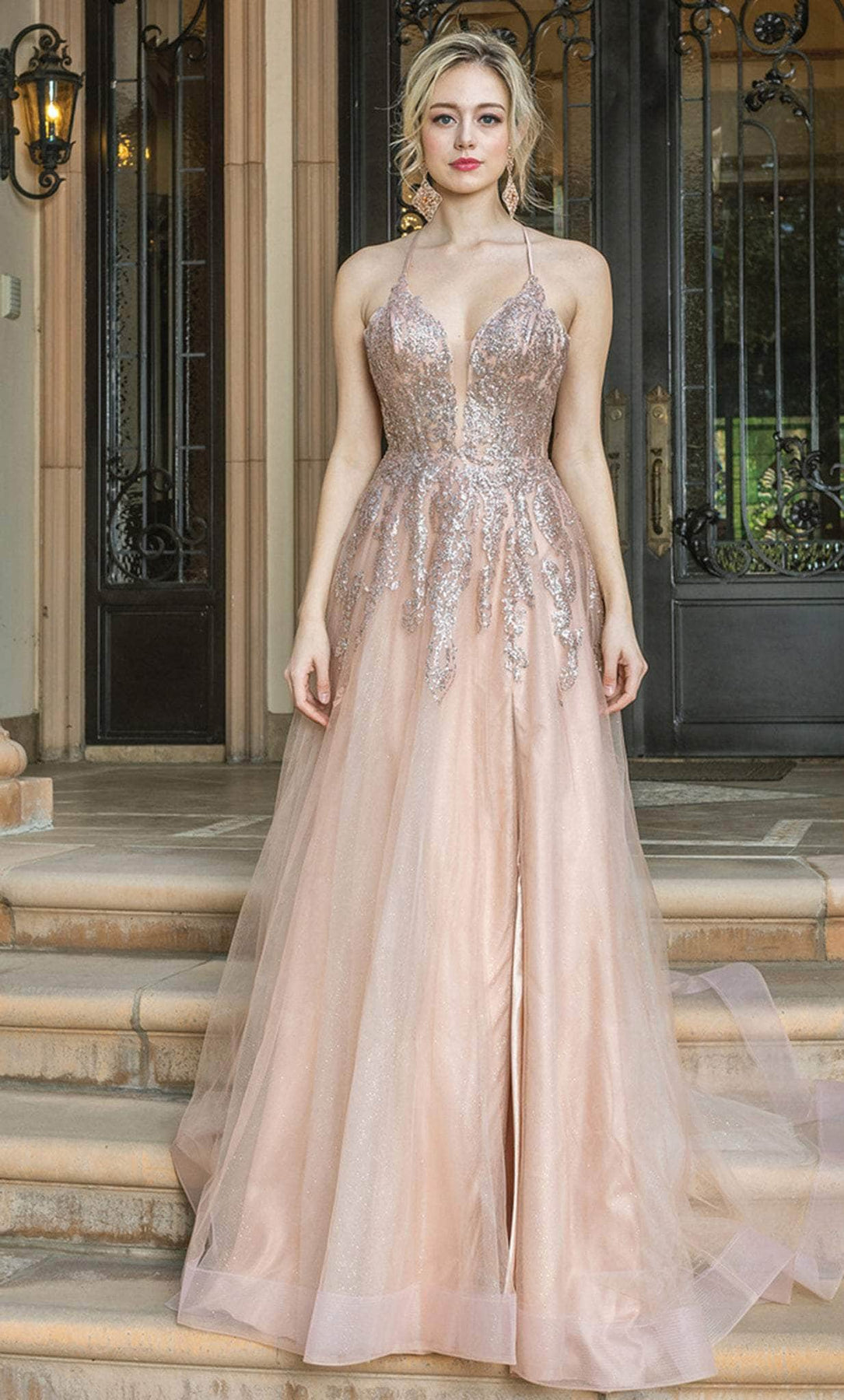 Dancing Queen Danq_4226 - Long A-Line Dress - Sleeveless, Spaghetti Straps, Deep Neckline, Tulle, Glitters, Strappy Back, Lace-Up Tie ADASA Dancing Queen Danq_4226 - Long A-Line Dress - Sleeveless, Spaghetti Straps, Deep Neckline, Tulle, Glitters, Strappy Back, Lace-Up Tie ADASA