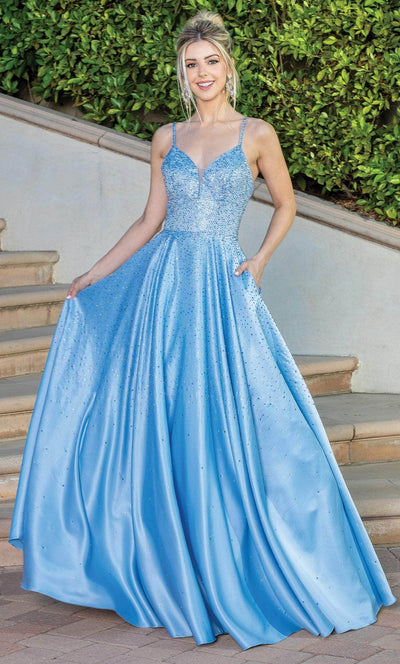Dancing Queen 4256 - Satin Gown With Pocket Evening Dresses XS / Bahama Blue