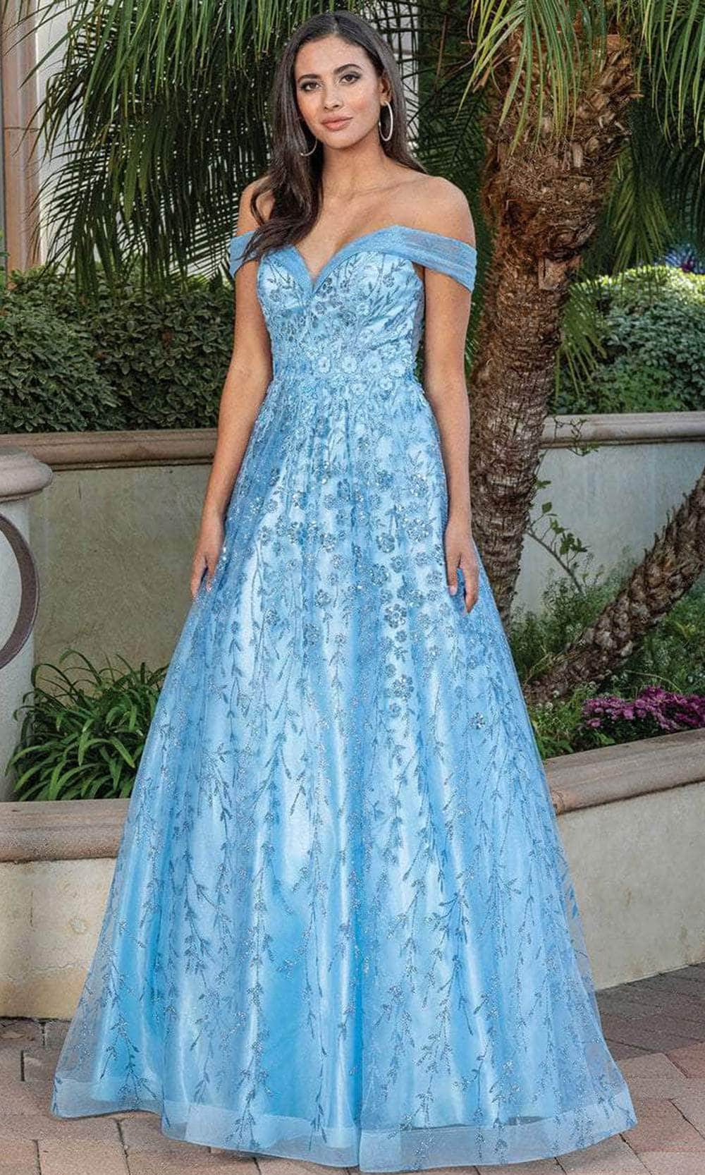 Dancing Queen 4273 - Off-Shoulder A-Line Long Gown Special Occasion Dress XS / Bahama Blue