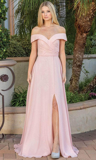 Dancing Queen 4289 - Off Shoulder A-Line Prom Dress with Slit Special Occasion Dress XS / Blush