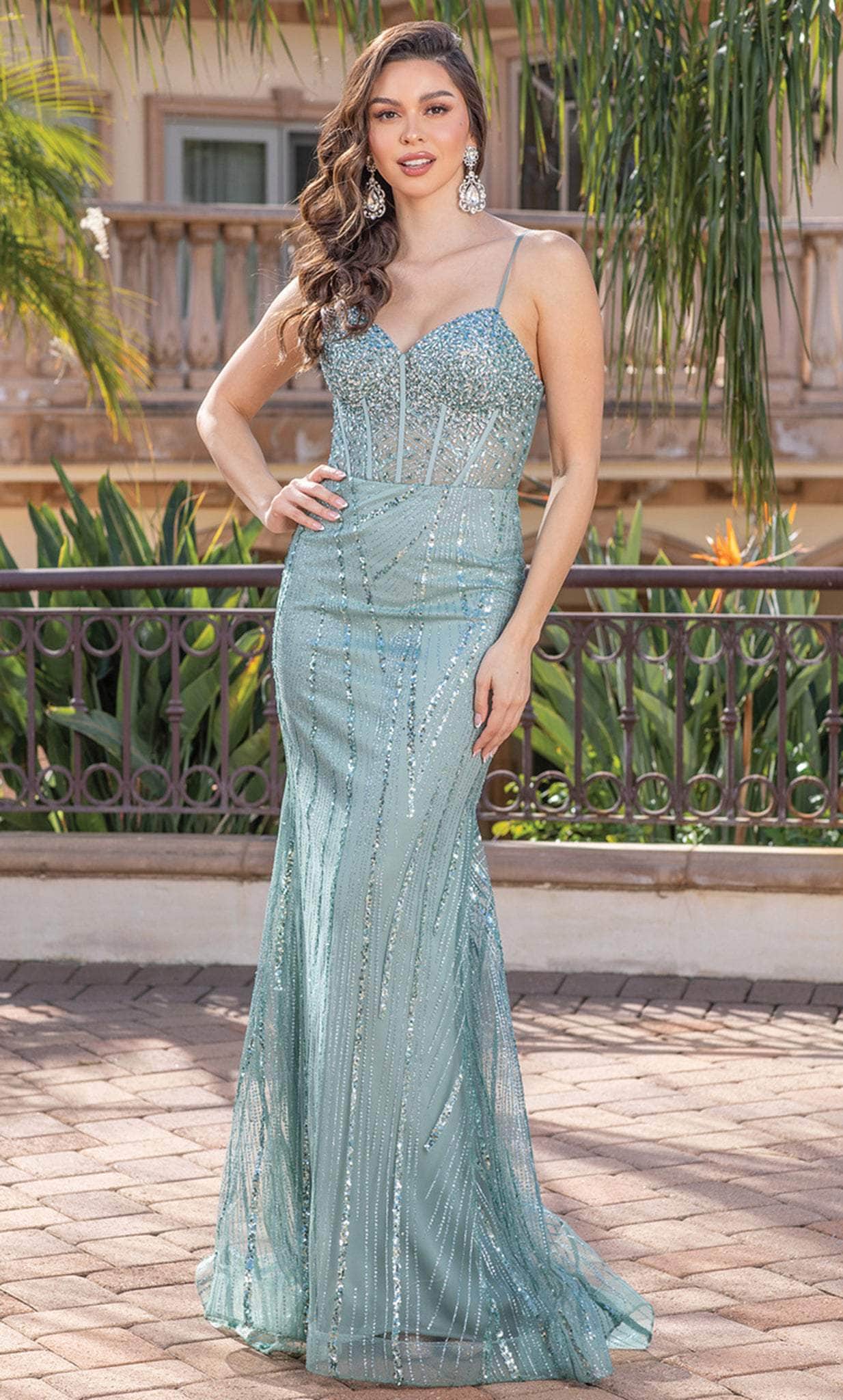 Dancing Queen 4340 - Sequined Sleeveless Sheath Gown Long Dresses XS / Sage