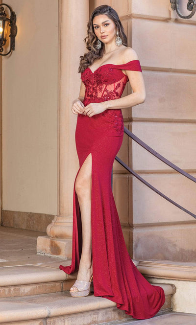 Dancing Queen 4344 - Off-Shoulder Embroidered Prom Dress Long Dresses XS / Burgundy