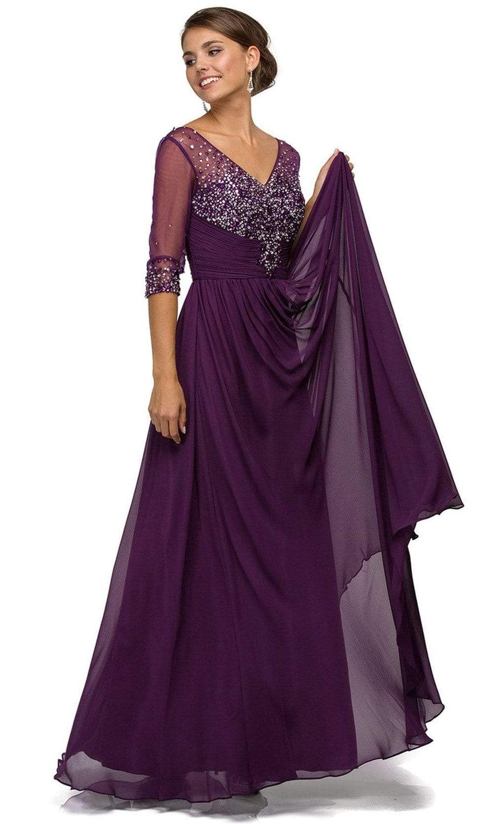 Dancing Queen - 8855 Jewel Embellished Quarter Sleeve Illusion Evening Dress Mother of the Bride Dresses XS / Plum