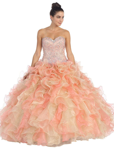 Dancing Queen - 8947 Shimmering Strapless Ruffled Quinceanera Ballgown Special Occasion Dress XS / Champ/Coral
