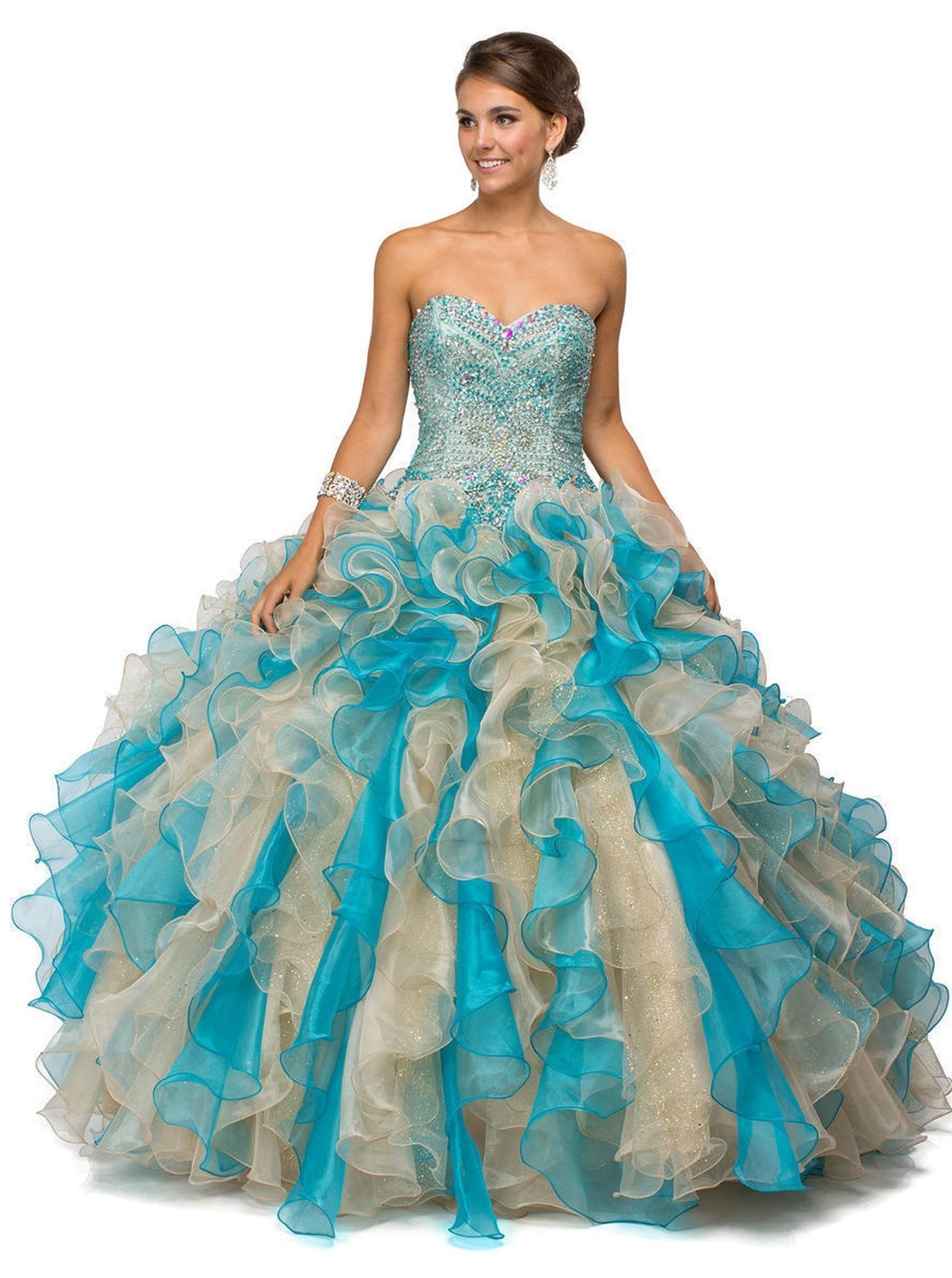 Dancing Queen - 8947 Shimmering Strapless Ruffled Quinceanera Ballgown Special Occasion Dress XS / Champ/Turquoise