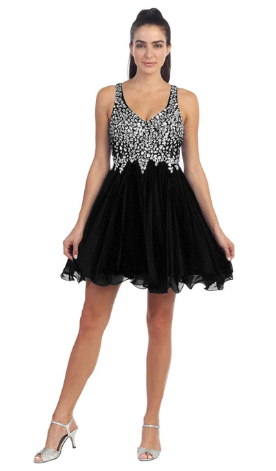 Dancing Queen - 8997 Crystal Beaded V-Neck Chiffon Prom Dress Special Occasion Dress XS / Black
