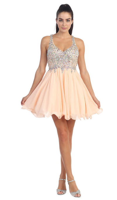 Dancing Queen - 8997 Crystal Beaded V-Neck Chiffon Prom Dress Special Occasion Dress XS / Peach