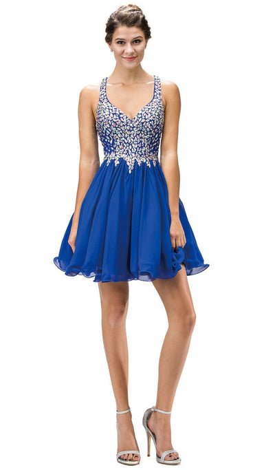Dancing Queen - 8997 Crystal Beaded V-Neck Chiffon Prom Dress Special Occasion Dress XS / Royal Blue