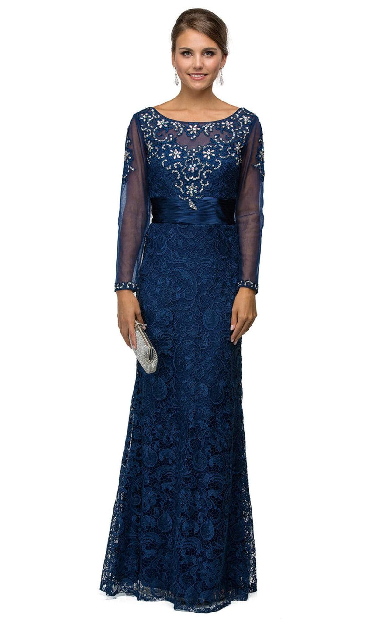 Dancing Queen - 9070 Finely Jeweled Illusion A-Line Long Formal Dress Mother of the Bride Dresses XS / Navy