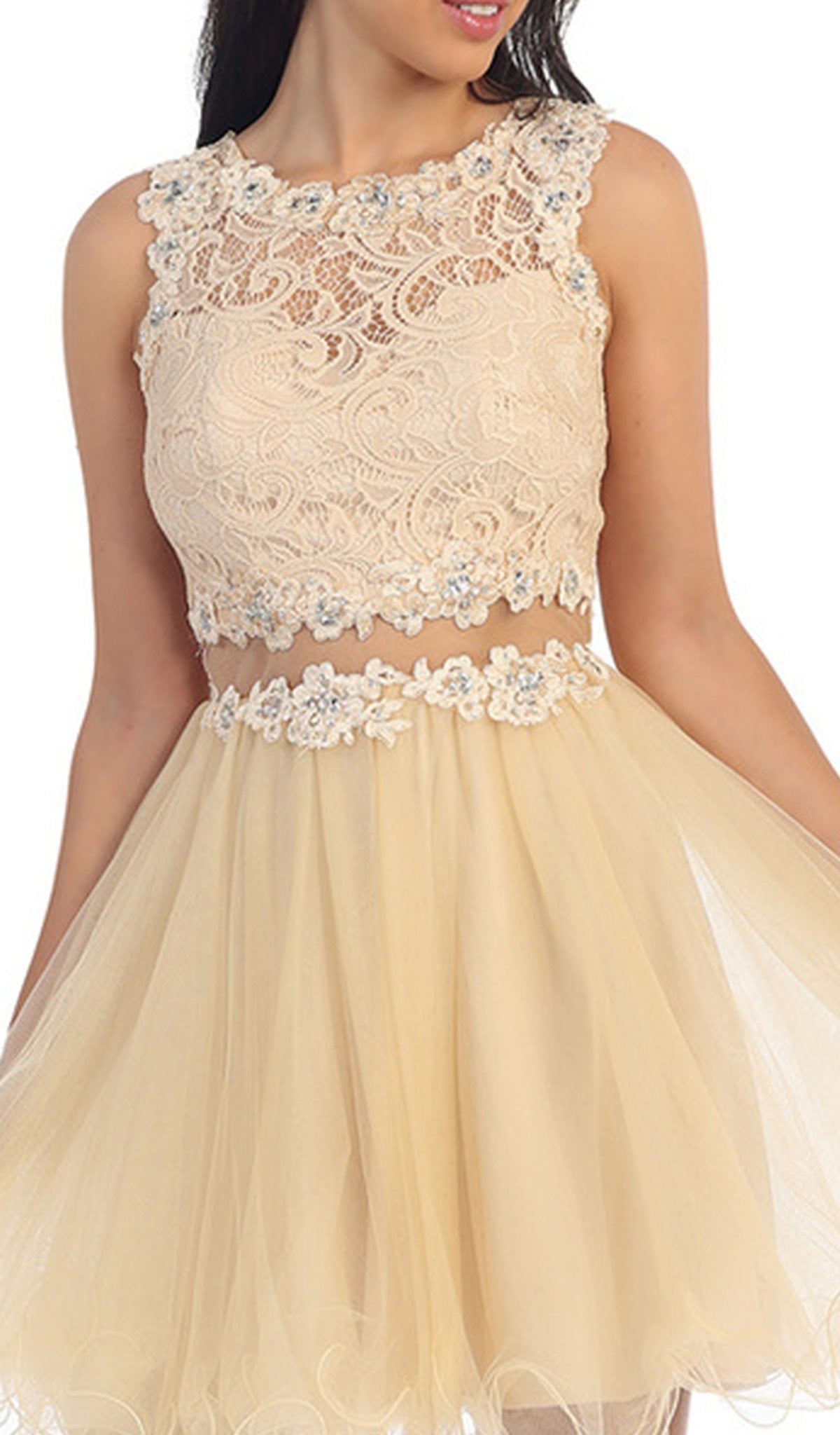 Dancing Queen - 9080 Bejeweled Lace Illusion Short Prom Dress Prom Dresses