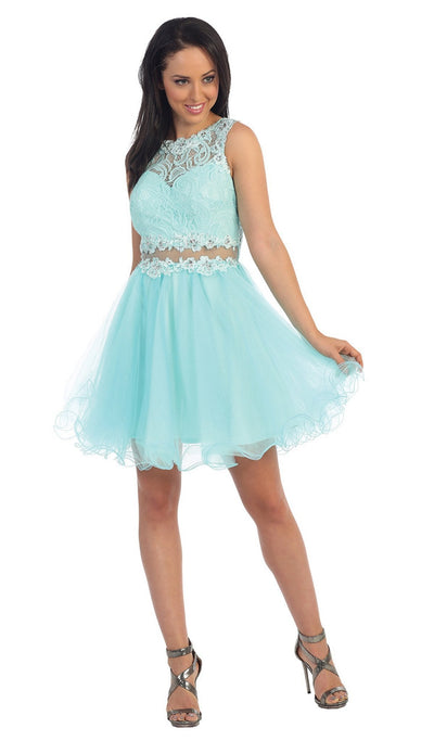 Dancing Queen - 9080 Bejeweled Lace Illusion Short Prom Dress Prom Dresses XS / Aqua