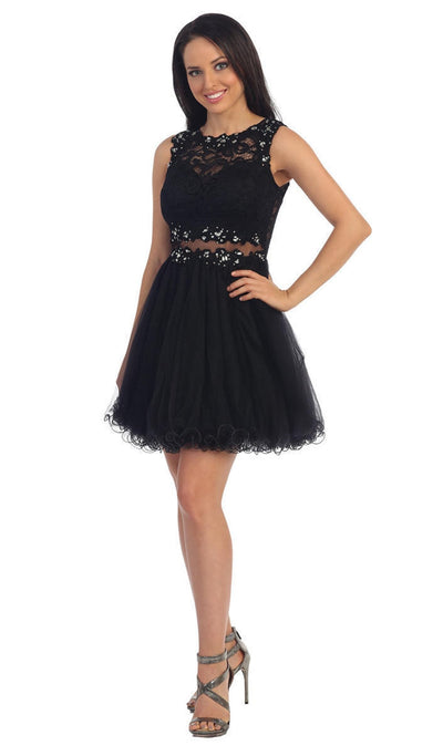 Dancing Queen - 9080 Bejeweled Lace Illusion Short Prom Dress Prom Dresses XS / Black