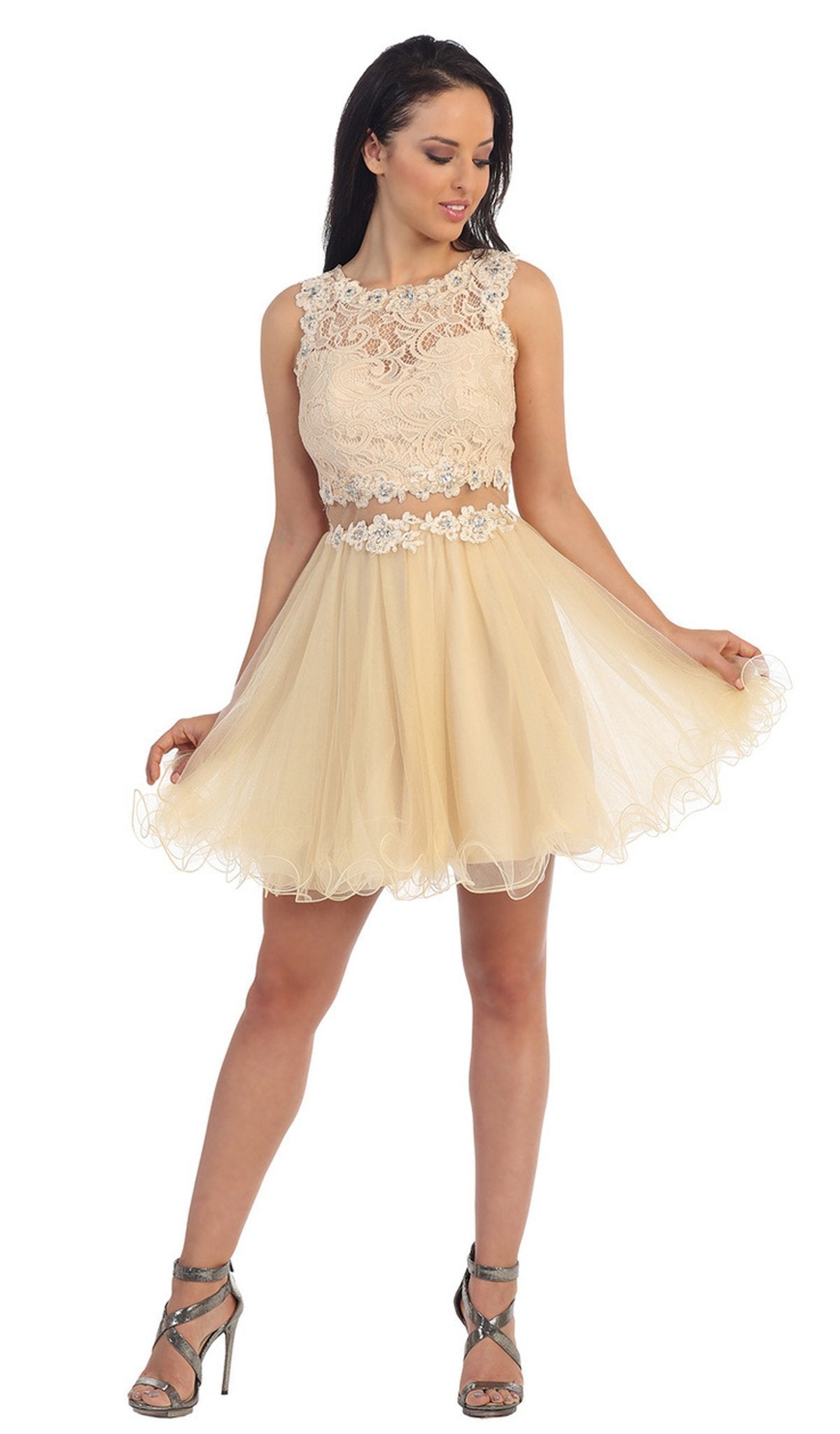 Dancing Queen - 9080 Bejeweled Lace Illusion Short Prom Dress Prom Dresses XS / Nude