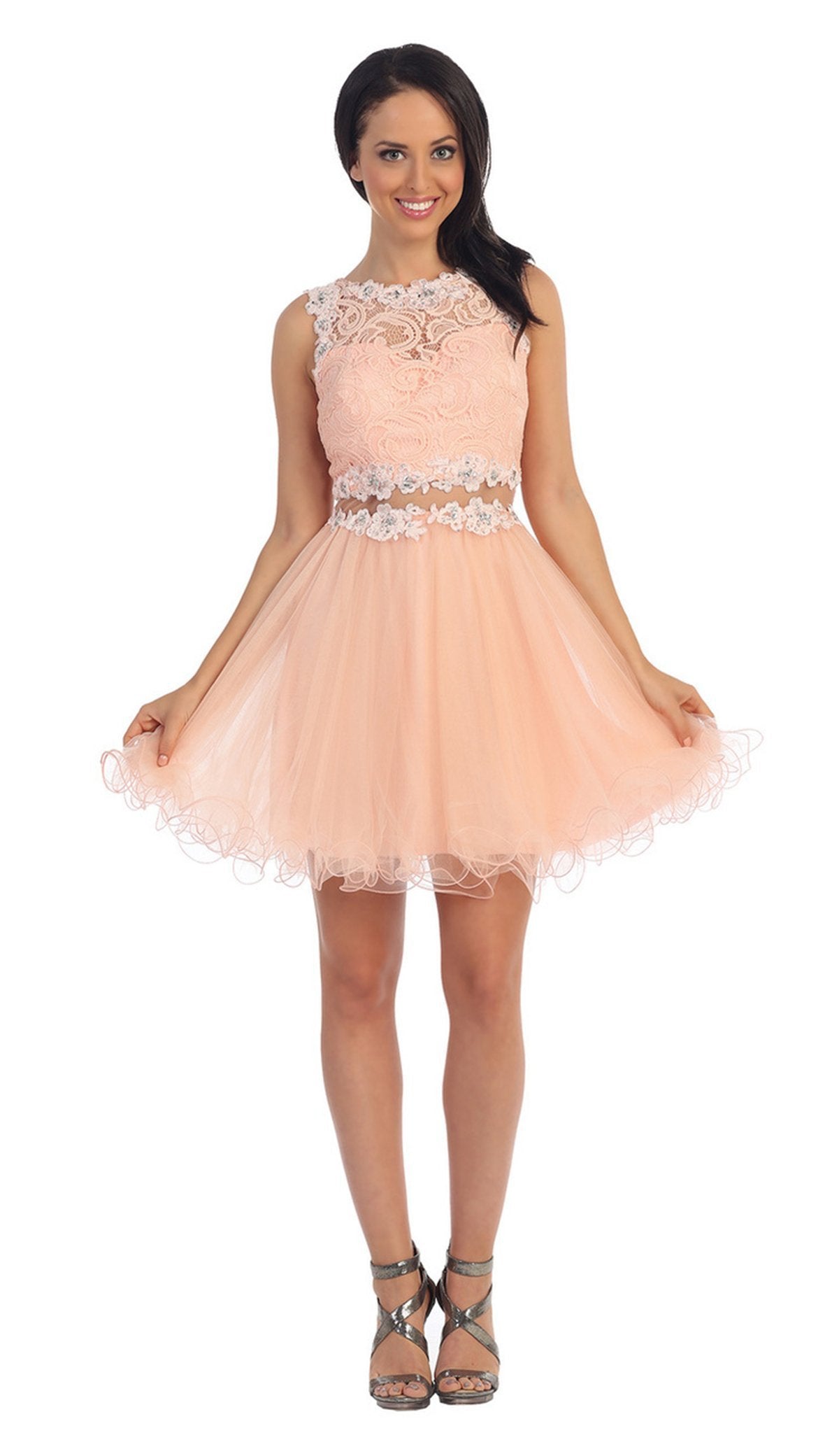 Dancing Queen - 9080 Bejeweled Lace Illusion Short Prom Dress Prom Dresses XS / Peach