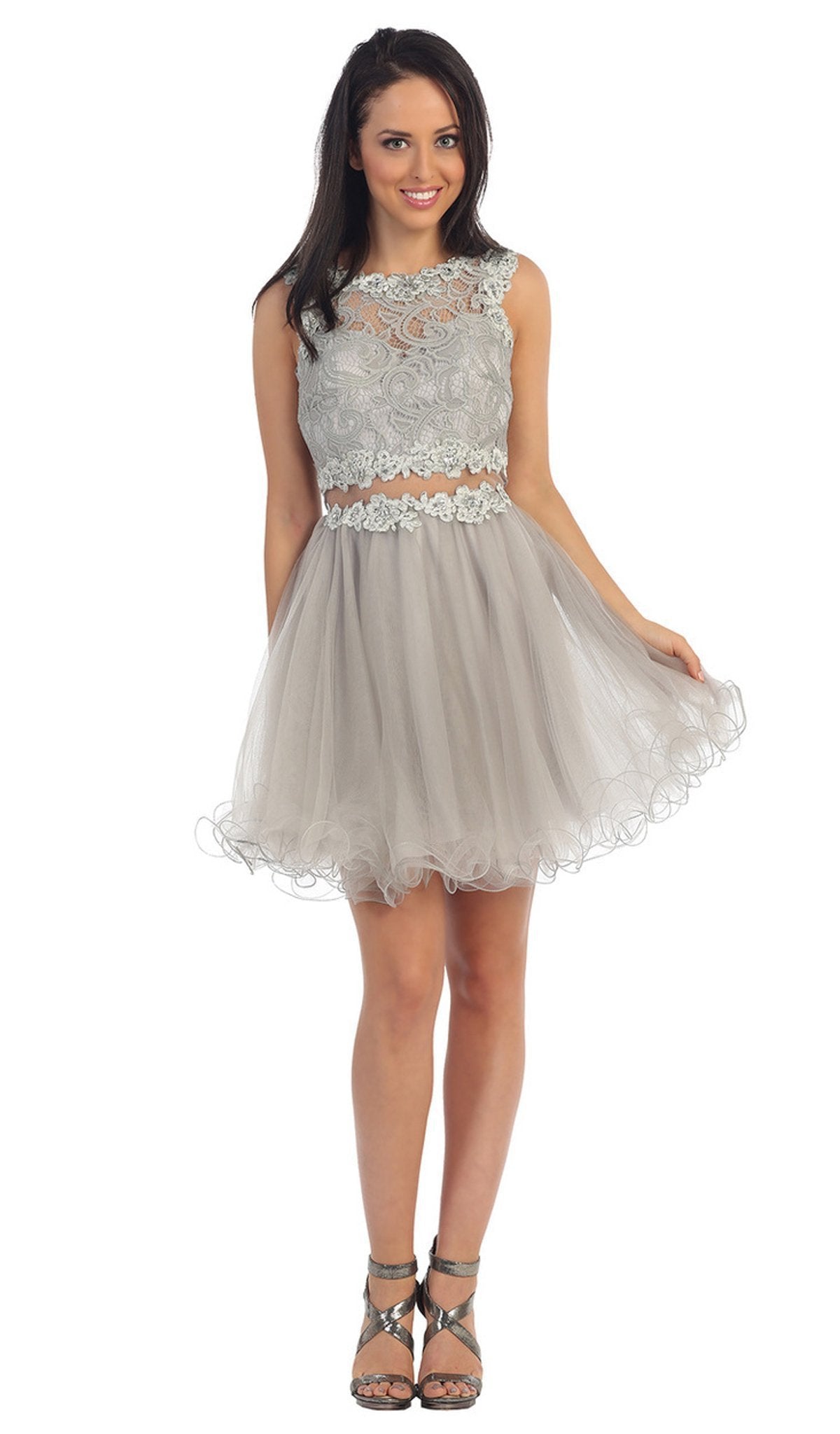 Dancing Queen - 9080 Bejeweled Lace Illusion Short Prom Dress Prom Dresses XS / Silver