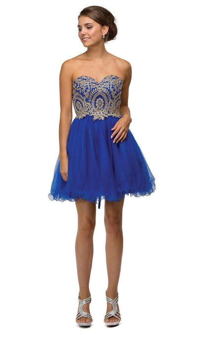 Dancing Queen - 9100 Strapless Embroidered Corset Short Prom Dress Prom Dresses XS / Royal Blue