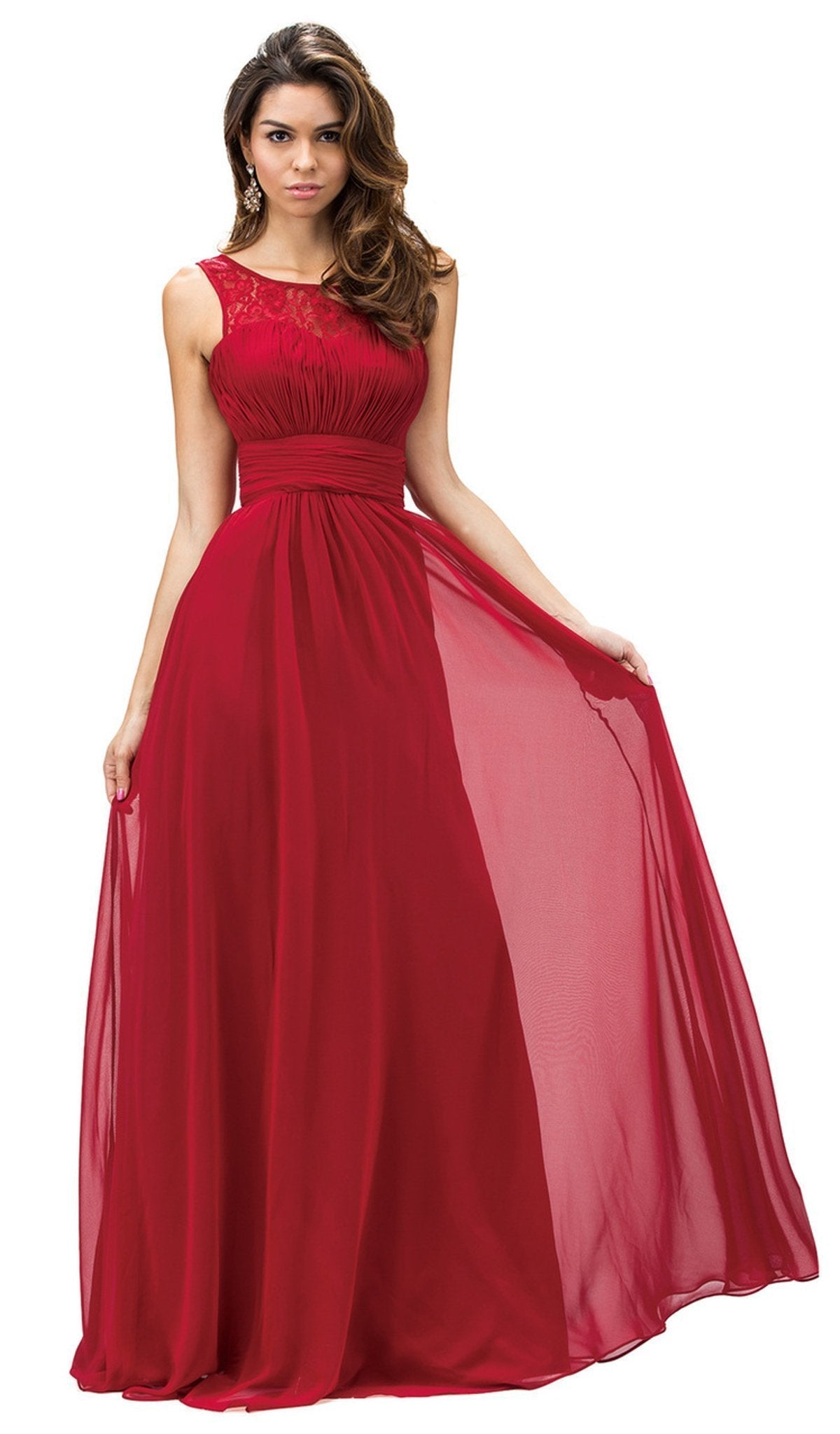 Dancing Queen - 9111 Ruched Illusion Lace Scoop Chiffon Prom Dress Prom Dresses XS / Burgundy