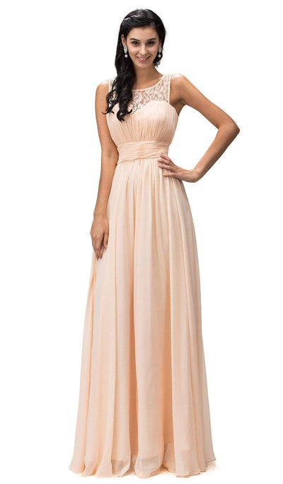 Dancing Queen - 9111 Ruched Illusion Lace Scoop Chiffon Prom Dress Prom Dresses XS / Peach