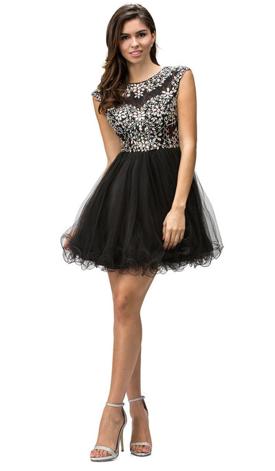 Dancing Queen - 9149 Cap Sleeve Crystal Beaded Cocktail Dress Party Dresses XS / Black