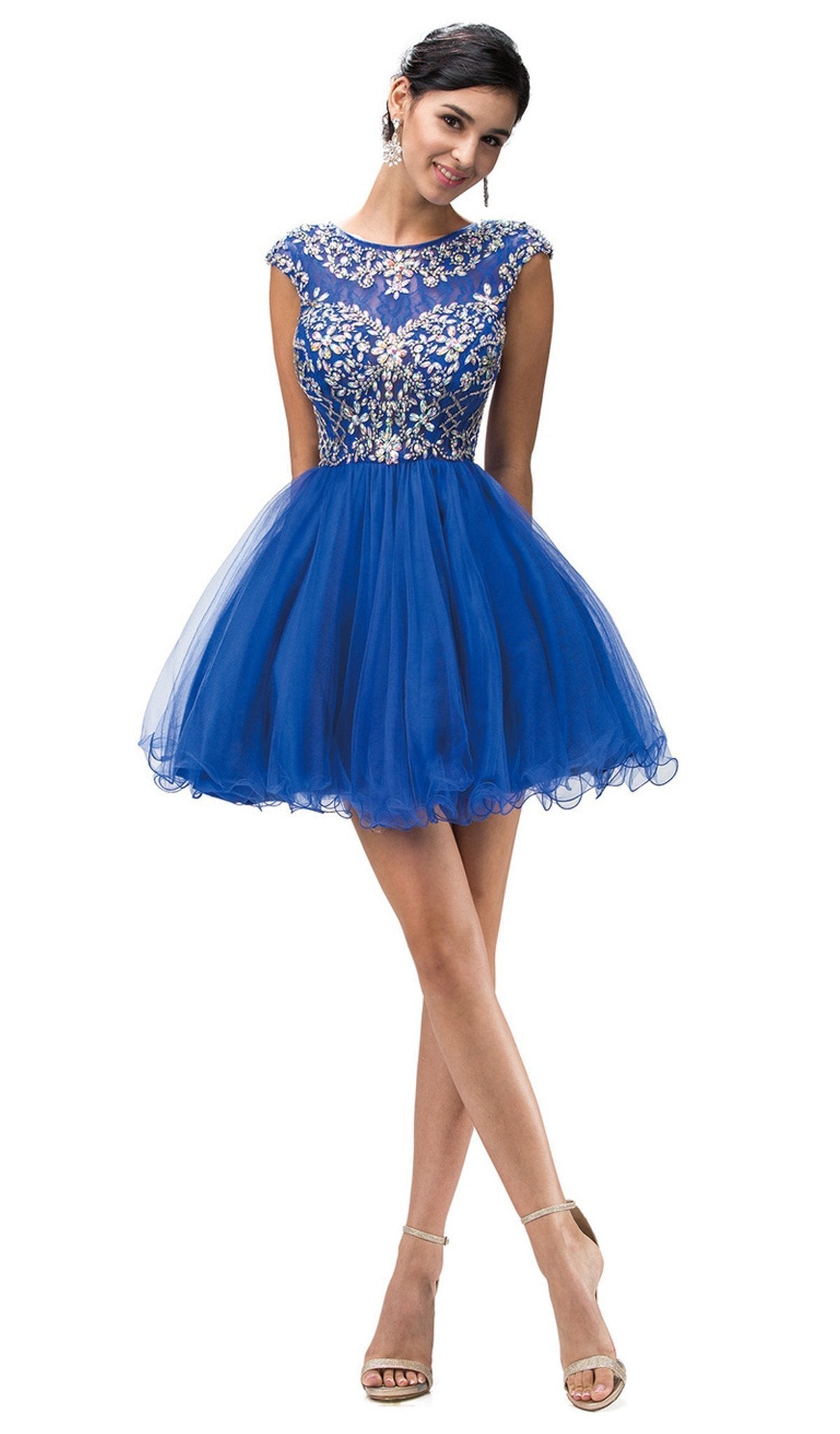 Dancing Queen - 9149 Cap Sleeve Crystal Beaded Cocktail Dress Party Dresses XS / Royal Blue