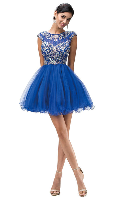 Dancing Queen - 9149 Cap Sleeve Crystal Beaded Cocktail Dress Party Dresses XS / Royal Blue