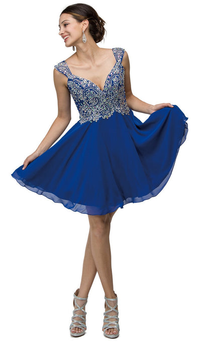 Dancing Queen - 9160 Cap Sleeve Adorned Sweetheart A-Line Cocktail Dress Cocktail Dresses XS / Royal Blue