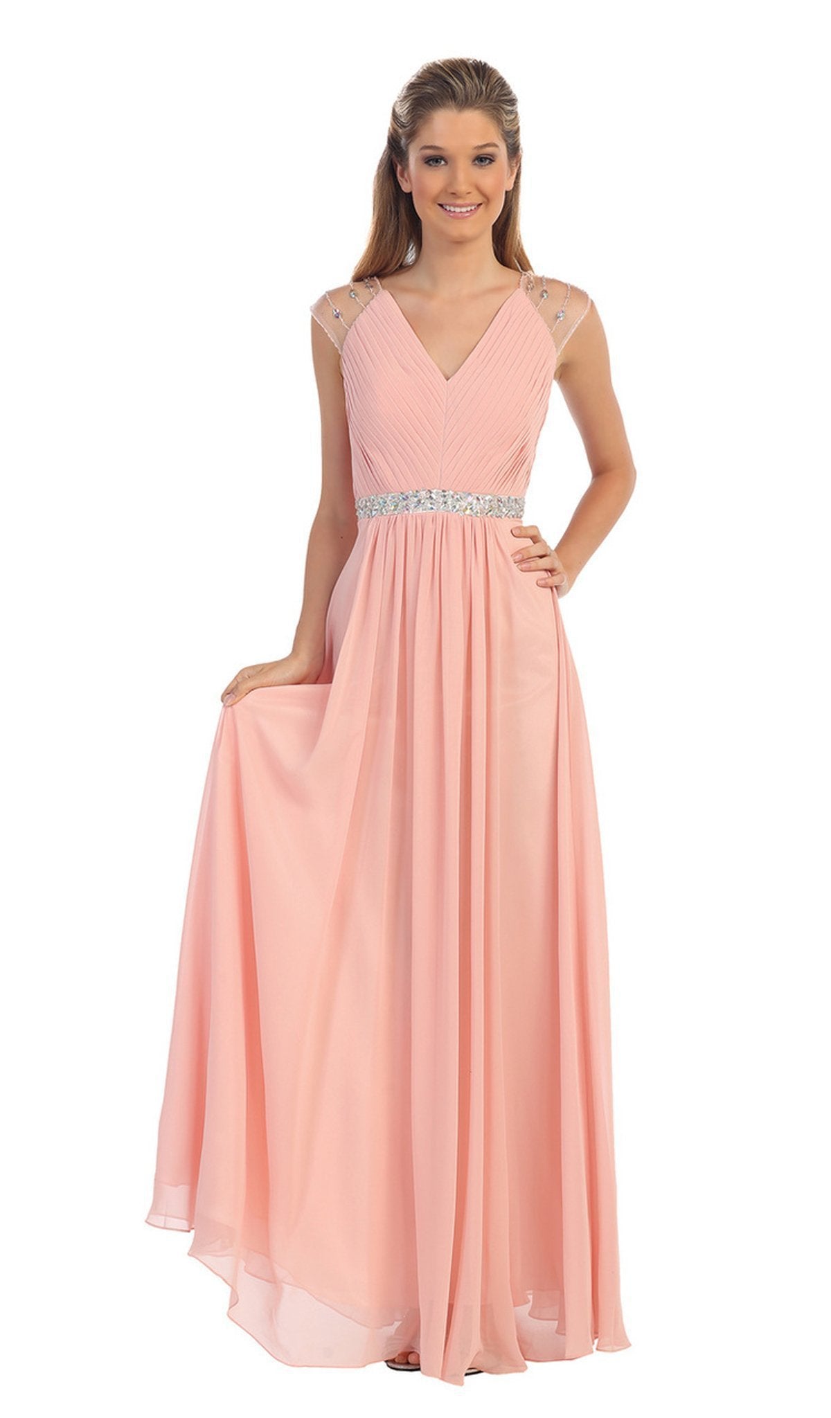 Dancing Queen - 9182 Illusion Cap Sleeve Pleated V-Neck Chiffon Evening Dress Evening Dresses XS / Blush