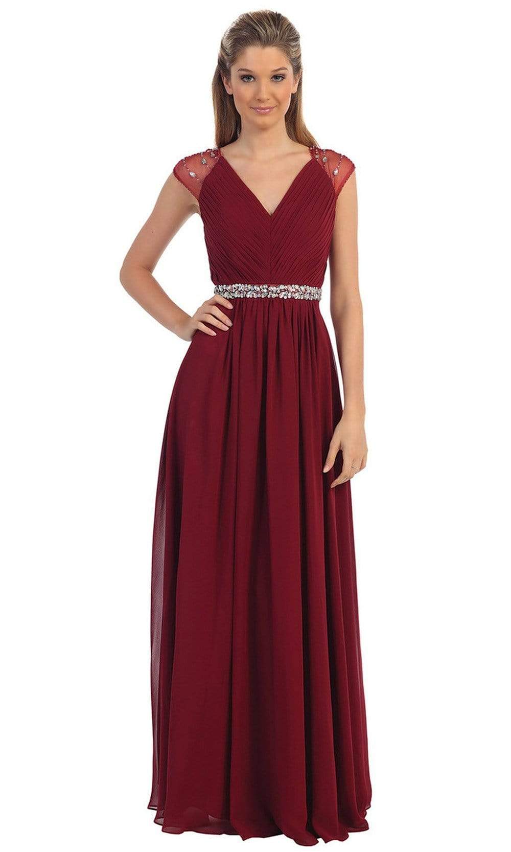 Dancing Queen - 9182 Illusion Cap Sleeve Pleated V-Neck Chiffon Evening Dress Evening Dresses XS / Burgundy