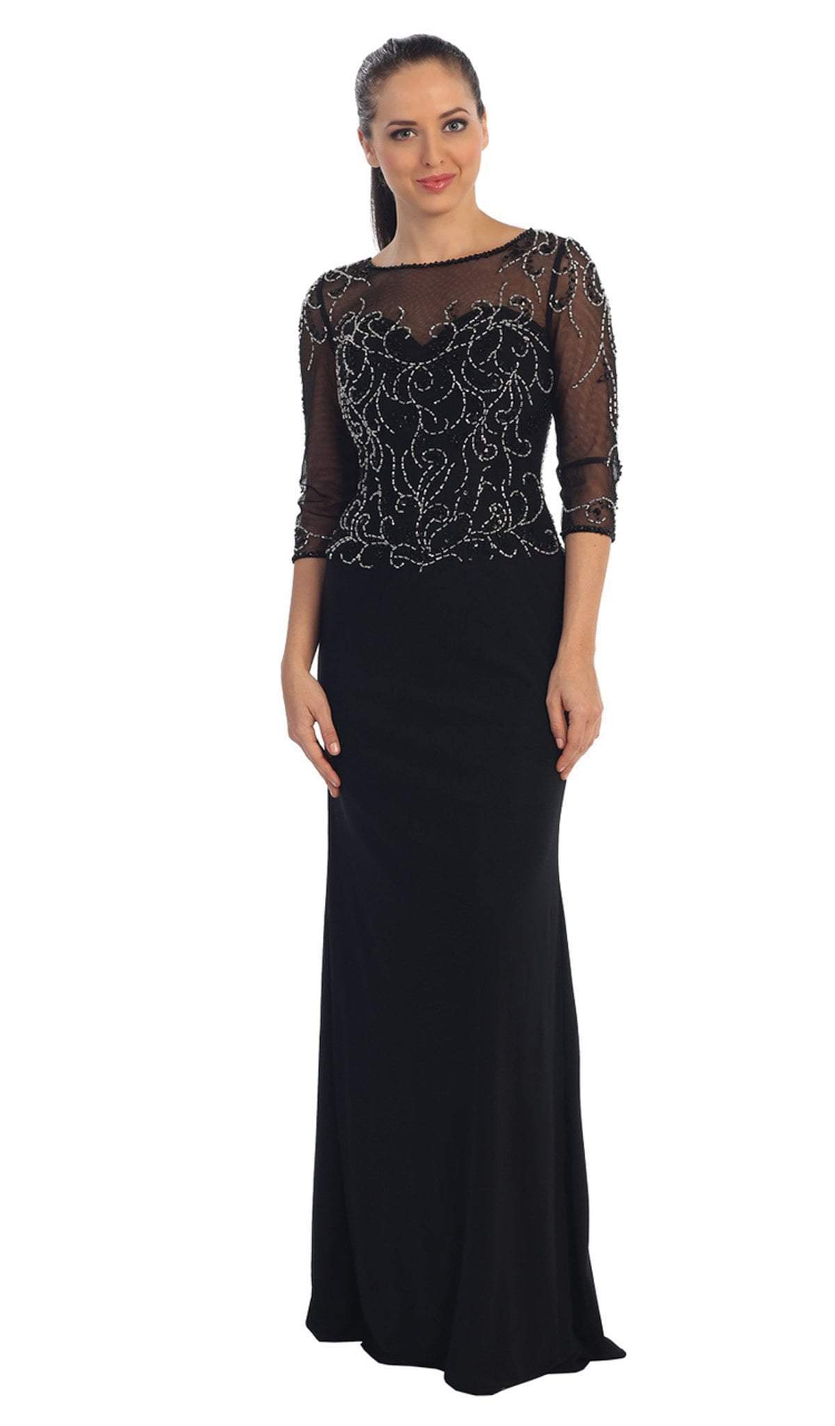 Dancing Queen - 9190 Jewel Embellished Sheer Bodice Quarter Sleeves Formal Dress Formal Gowns XS / Black